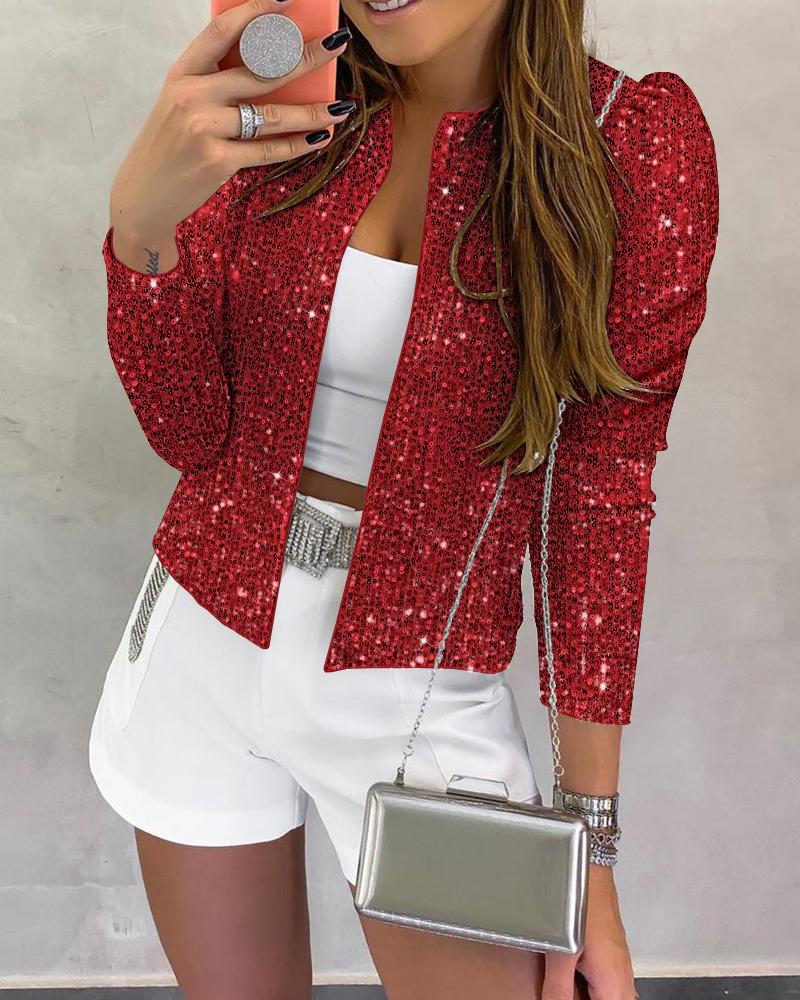 Sparkly Sequin Open Front Puff Sleeve Blazer Coat, women Jackets & Coats, ChicMe catalog - Image 3