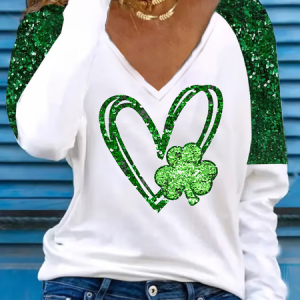 Women's Heart Sequin Shamrock St. Patrick's Day Casual Long Sleeve V-Neck T-Shirt, Long sleeves, Lilicloth.com