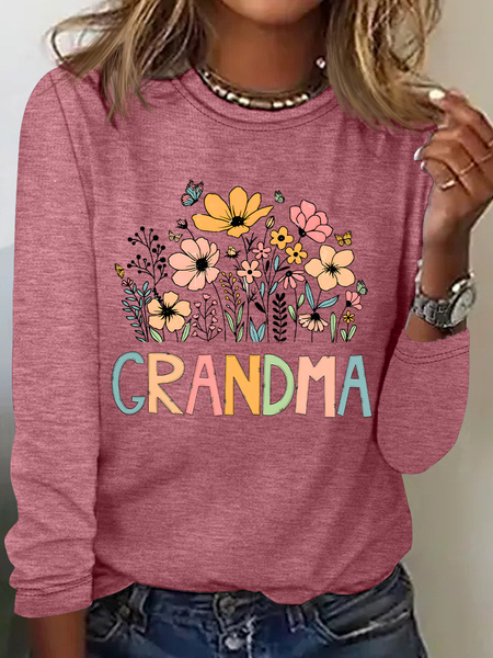 Grandma Flower Casual Long Sleeve Shirt, Long sleeves, Lilicloth.com