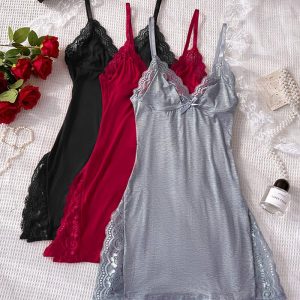 3-Pack Solid Color Cute Pajamas Lace Trim Side Slit Bowknot Decor Modal Cami Sleep Dress, women Night Dresses, ChicMe catalog