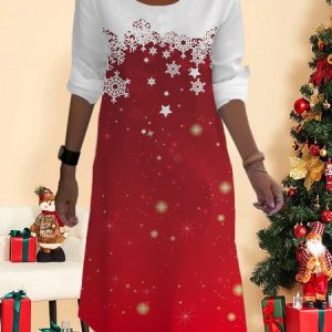 Women's Long Sleeve Spring/Fall Snowflake Jersey Dress Crew Neck Daily Going Out Casual Mini H-Line T-Shirt Dress, JustFashionNow Dresses, color:Red|size:XXL,