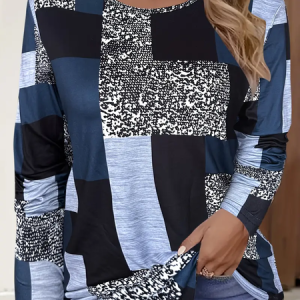 Women's Abstract Plaid Long Sleeve Tee T-shirt Crew Neck Printing Casual Spring/Fall Graphic Tee Top, JustFashionNow T-Shirts, color:As Picture|size:XXL,