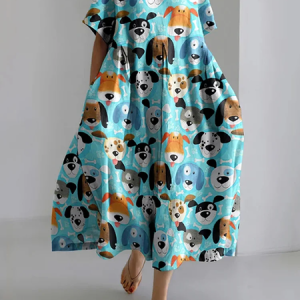 Women'S Funny Dog Print Short Sleeve Linen Blend Midi Dress With No Belt, Dresses, Lilicloth.com