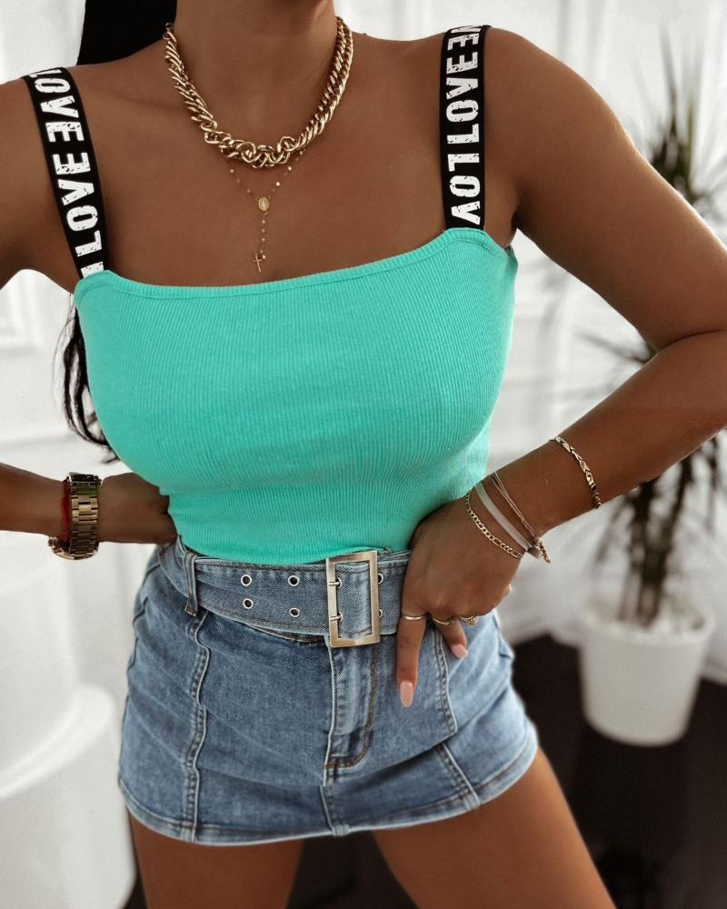 Letter Print Strap Bandeau Sleeveless Tank Causal Slim Fit High Strechy Knit Top, women Tanks & Crop Tops, ChicMe catalog