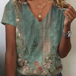 Women's Short Sleeve Tee T-shirt Summer Floral Jersey V Neck Holiday Going Out Casual Top, JustFashionNow T-Shirts, color:Green|size:XXL,