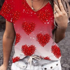 Women's Short Sleeve Tee T-shirt Summer Ombre Printing V Neck Casual Top Graphic Tee, JustFashionNow T-Shirts, color:Red|size:XXL,