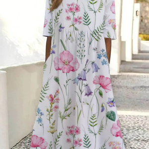 Women Floral Short Sleeve Summer Printing Dress Crew Neck Daily Casual Maxi Shift Dress H-Line Dress, JustFashionNow Casual Dresses, color:White|size:4XL,
