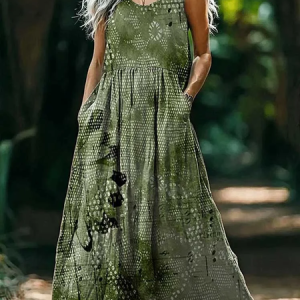 Women's Floral Sleeveless Summer Printing Dress Crew Neck Daily Casual Maxi Tank H-Line Dress, JustFashionNow Casual Dresses, color:Green|size:4XL,