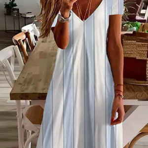 Women's Short Sleeve Summer Striped Printing Dress V Neck Daily Going Out Casual Knee Length T-Shirt Dress H-Line Dress, JustFashionNow Casual Dresses, color:Blue|size:XXL,