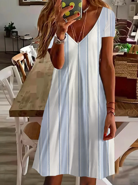 Women's Short Sleeve Summer Striped Printing Dress V Neck Daily Going Out Casual Knee Length T-Shirt Dress H-Line Dress, JustFashionNow Casual Dresses, color:Blue|size:XXL,