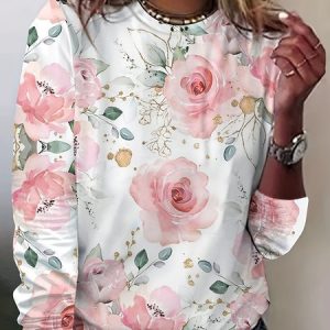 Women's Floral Long Sleeve Tee T-shirt Spring/Fall 3D Printing Crew Neck Casual Top, JustFashionNow T-Shirts, color:As Picture|size:XXL,