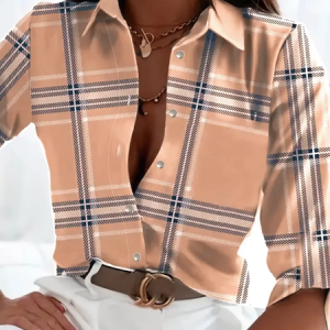 Women Plaid Long Sleeve Shirt Spring/Fall Shirt Collar Daily Casual Top, JustFashionNow Shirts, color:As Picture|size:XXL,