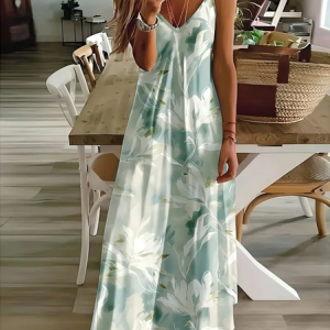 Women Floral Sleeveless Summer Printing Dress V Neck Daily Casual Maxi Slip Dress X-Line Dress, JustFashionNow Casual Dresses, color:Green|size:5XL,