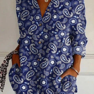 Shirt Collar Long Sleeve Paisley Regular Micro-Elasticity Regular Fit Shirt For Women, Blouses, color:Blue|size:4XL, catalog Noracora shop