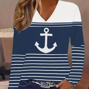 Women's Long Sleeve Tee T-shirt Spring/Fall Striped Printing V Neck Casual Graphic Tee Top, JustFashionNow T-Shirts, color:Blue|size:XXL