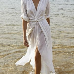 Women's Long Sleeve Summer Plain Dress V Neck Daily Going Out Boho Maxi H-Line, JustFashionNow Dresses, color:White|size:XXL,