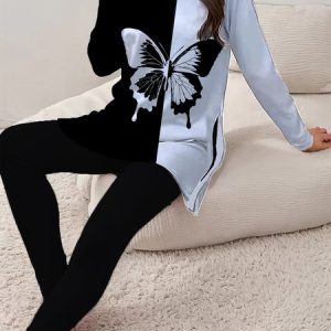 Women's Jersey Butterfly Daily Going Out Two Piece Set Long Sleeve Casual Spring/Fall Top With Pants Matching Set, JustFashionNow Suit Set, color:Black-white|size:XXL,