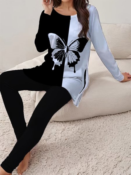 Women's Jersey Butterfly Daily Going Out Two Piece Set Long Sleeve Casual Spring/Fall Top With Pants Matching Set, JustFashionNow Suit Set, color:Black-white|size:XXL,