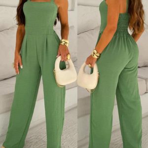 Square Neck Spaghetti Strap Back Shirred Cinch Waist Wide Leg Jumpsuit Elegant Overalls, women Jumpsuits, ChicMe catalog