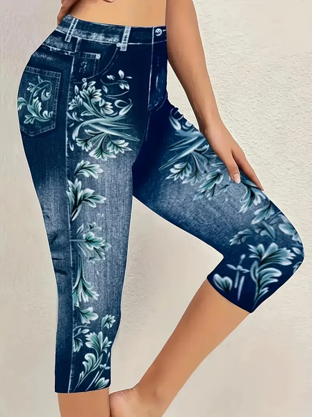 Women's Trousers Elastic Waist Legging Daily Going Out Casual Floral Summer Pants, JustFashionNow Leggings, color:Purplish blue|size:XXL,