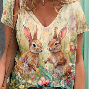 Women's Easter Bunny Print Casual V-Neck Short Sleeve T-Shirt, T-shirts, Lilicloth.com