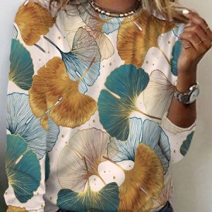 Women's Long Sleeve Floral Tee T-shirt Spring/Fall Leaf Jersey Crew Neck Daily Going Out Casual Top, JustFashionNow T-Shirts, color:Yellow|size:XXL,