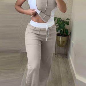 2 Piece Loungewear Set Colorblock Tank Top and Straight Leg Pocket Design Pants Tracksuit Casual Outfits, women Two-piece Sets, ChicMe catalog
