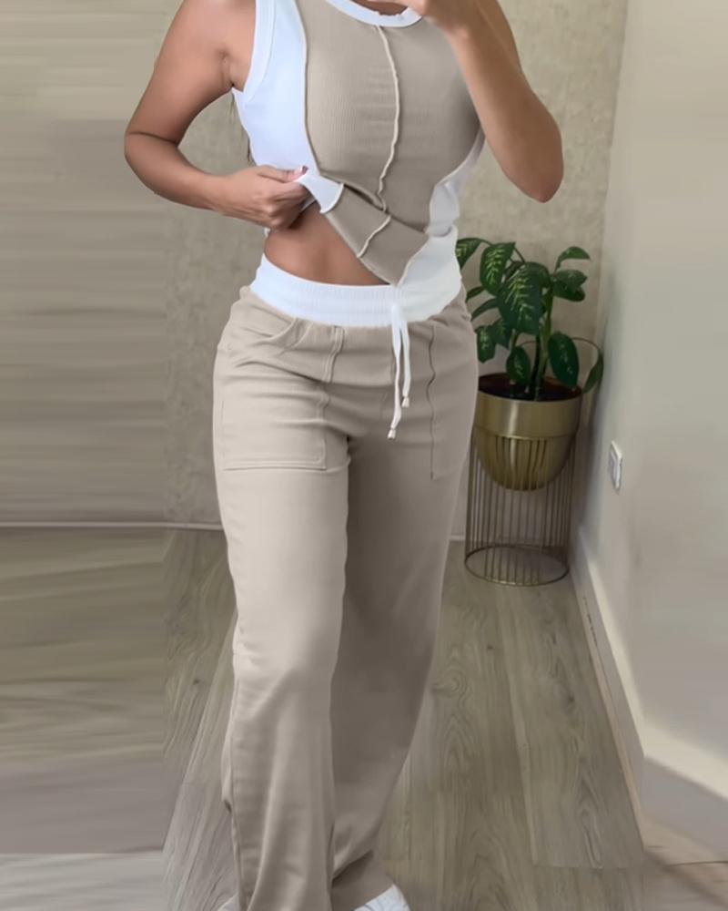 2 Piece Loungewear Set Colorblock Tank Top and Straight Leg Pocket Design Pants Tracksuit Casual Outfits, women Two-piece Sets, ChicMe catalog