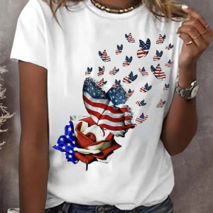 Women's July 4th Independence Day Flag Printed Round Neck Short Sleeve T-Shirt, T-shirts, Lilicloth.com