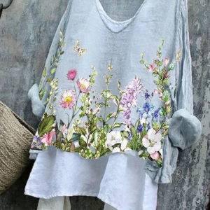 Women's Floral Long Sleeve Blouse_ Spring/Fall Printing V Neck Daily Casual Top, JustFashionNow Blouses, color:Blue|size:4XL,