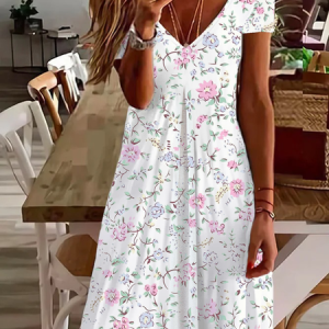 Women's Floral Short Sleeve Summer Printing Dress V Neck Daily Casual Knee Length T-Shirt Dress H-Line Dress, JustFashionNow Casual Dresses, color:White|size:XXL,