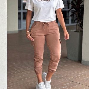 2 Pieces Outfit Letter Print Round Neck Short Sleeve Top and Casual Cargo Pocket Patch Drawstring Waist Pants Set, women Two-piece Sets, ChicMe catalog