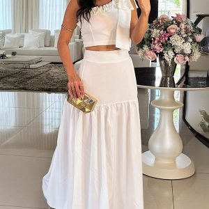 One-Shoulder Shirred Crop Top with Ruffle Slit Skirt Set, women Two-piece Sets, ChicMe catalog