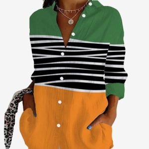 Women's Long Sleeve Shirt Spring/Fall Striped Shirt Collar Daily Going Out Casual Top, JustFashionNow Shirts, color:Orange|size:XXL,