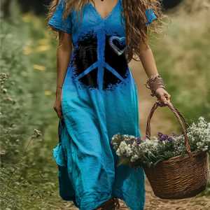 Women Geometric Short Sleeve Summer Dress V Neck Daily Vintage Maxi A-Line Dress, JustFashionNow Dresses, color:As Picture|size:4XL,
