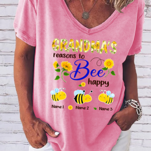 Women's Personalized Grandma With Grandkids Sunflower Bee Butterfly V Neck Loose T-Shirt, T-shirts, Lilicloth.com