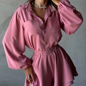 Long Sleeve Strechy Waist A Line Romper Casual Pockets Design Short Jumpsuit, women Two-piece Sets, ChicMe catalog