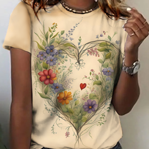 Floral heart round neck short sleeve T-shirt, T-shirts, Lilicloth.com