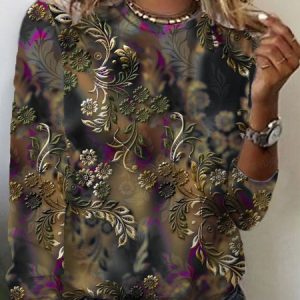 Women's Long Sleeve Tee T-shirt Spring/Fall Floral Crew Neck Casual Top, JustFashionNow T-Shirts, color:Black|size:XXL