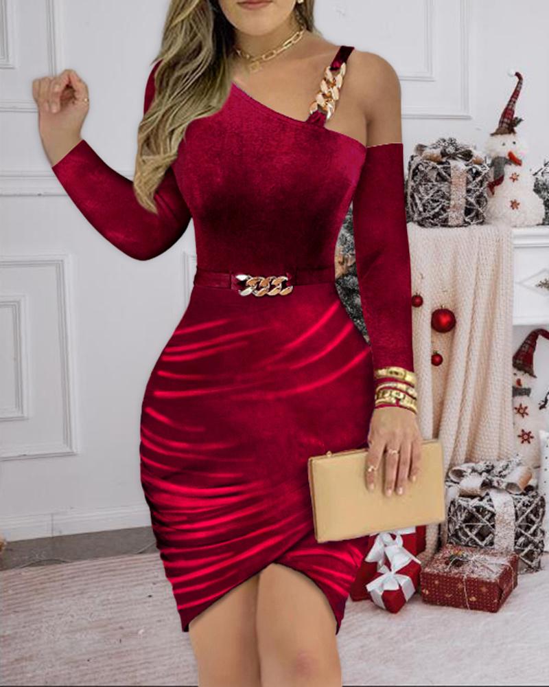 Velvet One Shoulder Chain Decor Ruched Bodycon Dress, women Party Dresses, ChicMe catalog - Image 2