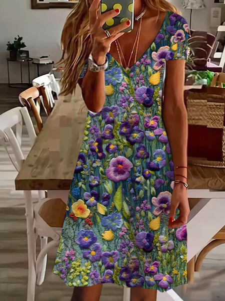 Women's Spring Floral Print Casual V-Neck Short Sleeve Dress, Dresses, Lilicloth.com - Image 3