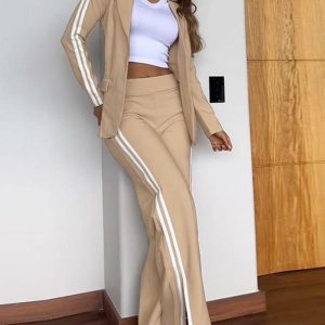 2 Piece Contrast Paneled Notched Collar Long Sleeve Coat Slit Straight Pants Work Pants Set, women Two-piece Sets, ChicMe catalog