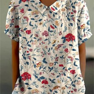 Shirt Collar Short Sleeve Floral Regular Micro-Elasticity Regular Fit Shirt For Women, Shirts, color:Apricot|size:4XL, catalog Noracora shop