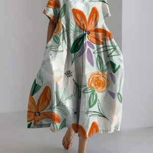 Women's Refreshing Casual Floral Design Printed Casual Crew Neck Dress With No Belt, Dresses, Lilicloth.com
