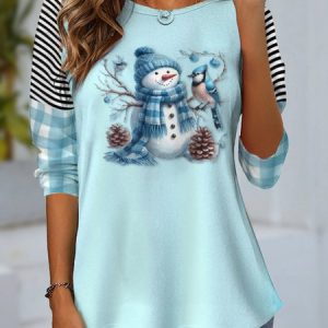 Casual Plaid Crew Neck Long Sleeve T-shirt, T-shirts, color:Light Blue|size:XXL, catalog Noracora shop