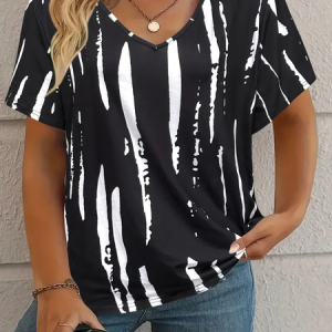 Women's Abstract Stripes Short Sleeve Tee T-shirt V Neck Printing Casual Summer Graphic Tee Top, JustFashionNow T-Shirts, color:Black|size:XXL,