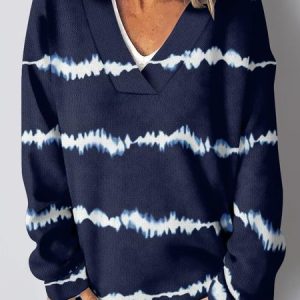 Women's V Neck Striped Vintage Spring/Fall Long Sleeve Sweatshirt, JustFashionNow Sweatshirts & Hoodies, color:Blue|size:4XL,