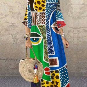 Women Geometric Crew Neck Short Sleeve Comfy Casual Maxi Dress, Maxi, color:Blue|size:4XL, catalog Noracora shop