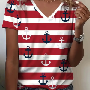 Women's Striped Short Sleeve Tee T-shirt V Neck Printing Casual Summer Graphic Tee Top, JustFashionNow T-Shirts, color:Red|size:XXL,