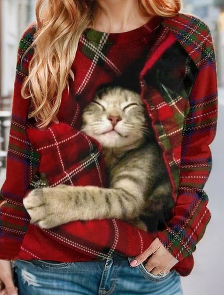 Women's Crew Neck Cat Printing Casual Spring/Fall Long Sleeve Sweatshirt, JustFashionNow Sweatshirts & Hoodies, color:Wine Red|size:XXL,